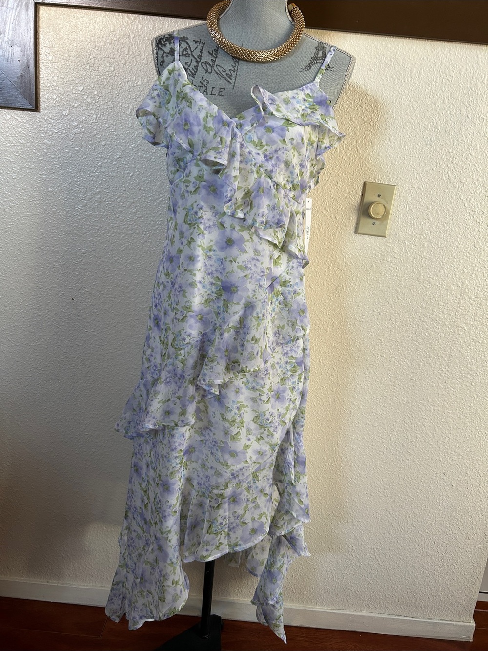 Madden Girl Lavender and Green Floral Ruffle High-Low Dress